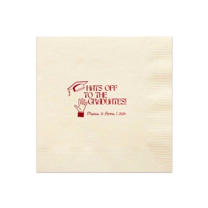 Applaud the new graduate with the Hats Off Graduation Cheer Napkin, emblazoned with a celebratory hand tossing a graduation cap and the phrase "Hats off to the graduate," personalized with the graduate's name and year. A perfect addition to any graduation festivity.