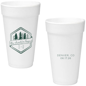 Kick off your lifelong adventure with the Adventure Begins Wedding Cup. Featuring a pine tree-framed hexagon and a playful ribbon announcing "The adventure begins," this design captures the thrill of new beginnings. Perfect for couples ready to explore life together.