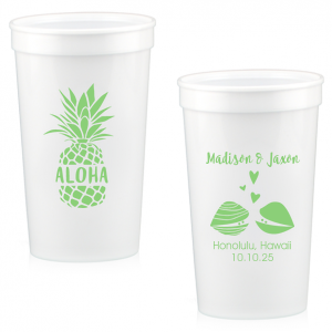 ForYourParty's chic Lime 16 oz Stadium Cup with Matte White Ink Ink Color has a Aloha graphic and a Clams graphic and is good for use in Animals, Beach/Nautical, Wedding themed parties and can be personalized to match your party's exact theme and tempo.