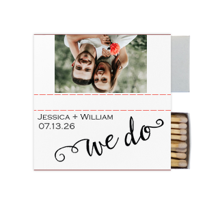 The ever-popular White Classic Custom Photo Matchbox with Matte Black Ink Digital Print Colors and Matte Fuchsia Ink Digital Print Colors has a We Do 3 graphic and is good for use in Wedding, Words themed parties and will add that special attention to detail that cannot be overlooked.