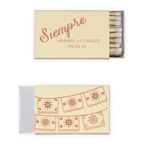 Your parties will always be a hit with the Siempre Matchbox. The simple but festive design features personalized text in colorful foil on your choice of color paper. Perfect for anniversaries, weddings, or even house warmings!