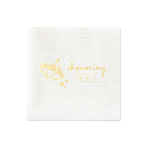 Our custom Pink Linen Like Dinner Napkin with Shiny 18 Kt Gold Foil Color has a Umbrella with Flowers graphic and is good for use in Bridal Shower, Baby Shower themed parties and can't be beat. Showcase your style in every detail of your party's theme!
