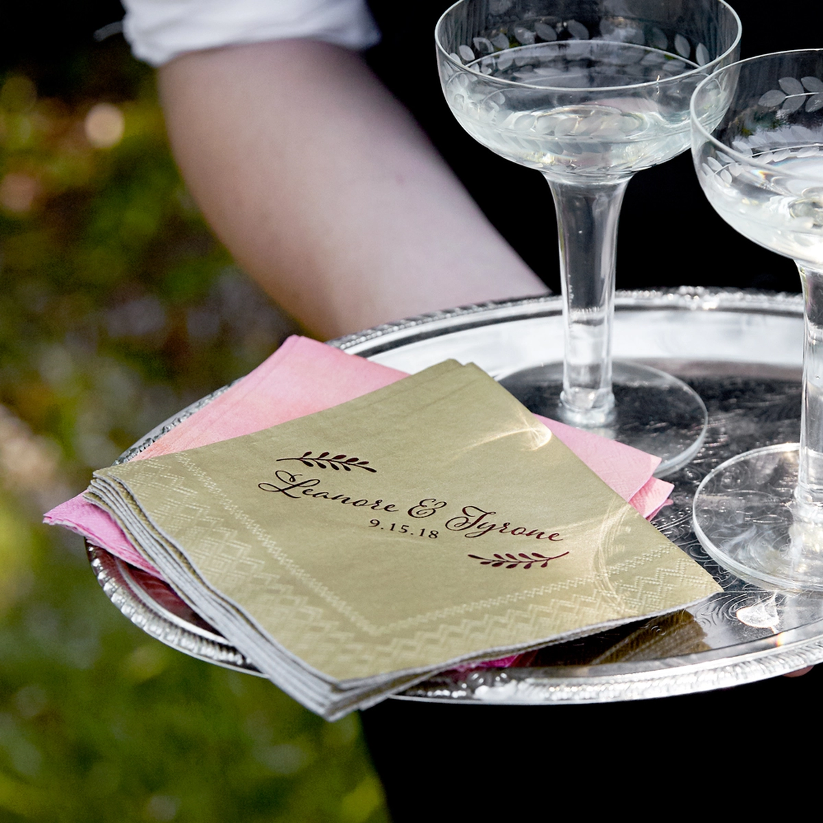 champagne shimmer cocktail napkins with a leaf foil stamp design