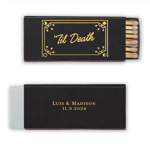 One of our most popular designs just got better with the Til Death Framed Matchbox. The elegant design features a decorative frame around customizable text in your choice of colors. Personalize your design today to create a unique keepsake for your next special occasion. 