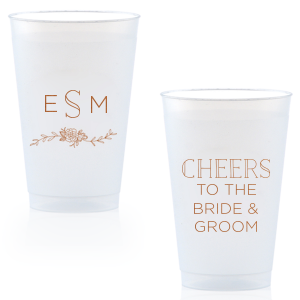 Personalize this cup for beautiful wedding barware that doubles as a party favor. Our Peony Accent and the embellished block font make the design perfect for a woodland or greenery themed wedding.