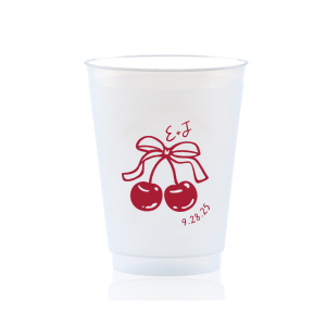 Raise a glass at your next special event with the Cherry Bow Initials Cup! The two cherries are tied together by a bow, reflecting the partnership of you and your sweetheart. Customize the text to make it extra special at your next momentous occasion, be it an engagement, wedding, anniversary or any other celebration of love.