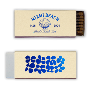 Ignite the fun at your seaside soiree with the Bachelorette Beach Party Seashell Match, personalized with the bachelorette's name in classic script, the party location, and date. Adorned with an elegant shell graphic, it's a perfect memento for "The Last Splash."