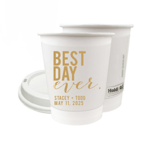 ForYourParty's personalized Gold Ink 8 oz Paper Coffee Cup with Lid with Gold Ink Cup Ink Colors can be customized to complement every last detail of your party.
