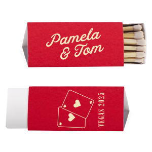 Channeling the iconic glitz of 1950s Las Vegas, the Vegas Baby Cards Matchbox ignites a nostalgic spark with its retro font and playful card illustration. Perfect for a destination wedding, it's a match made in vintage heaven, inviting guests to bet on love and luck in Sin City style.