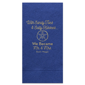 Bring your wedding party to the beach! With our Sand Dollar graphic, cute saying and script font, these blue napkins will. Personalize with your names for a breezy complement to any destination wedding hors d'oeuvre and bar.