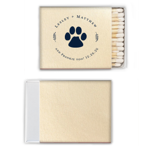 ForYourParty's personalized Stardream Ivory Square Matchbox with Matte Navy Foil has a Paw Print graphic and is good for use in Animals themed parties and can be personalized to match your party's exact theme and tempo.