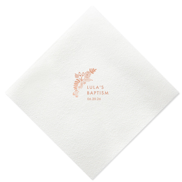 Celebrate with the Floral Bough Baptism Napkin, where beauty and grace intertwine. A lush bough of flowers and foliage arches diagonally, elegantly framing the baptismal announcement. Perfect for adding a touch of natural splendor to this sacred moment.