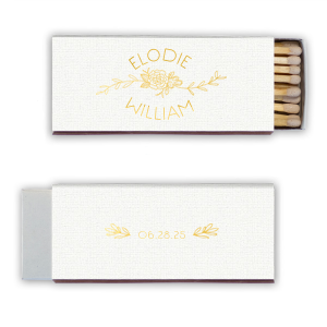 The Peony Garden Floral Name Wedding Match marries elegance with botanical beauty. The front gracefully showcases the couple's names in all caps, arched above and below a central flourish featuring a detailed Peony, symbolizing a happy marriage. The back, adorned with the date and flanked by delicate boughs, completes this refined design.