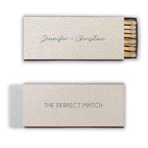 The Line Frame Script Names Match design blends simplicity with sophistication. Handwritten-style script presents the couple's names, framed for emphasis. The reverse side boldly states "THE PERFECT MATCH" in all-caps block letters, also framed, creating an impactful, memorable design.
