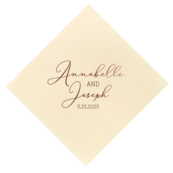 The Delicate Script Names and Date Wedding Napkin weaves an air of timeless elegance, with celebrants' names and event date displayed in a lace-like delicate script, creating an aura of classic romance perfect for gracing any matrimonial celebration with charm and sophistication.