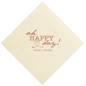 Celebrate with a flutter on the Love Arrow Wedding Napkin, where 'Oh Happy Day!' arches above a heart-bent arrow in flight. Beneath, the couple's names anchor the joyous sentiment, adding whimsy to your perfectly happy occasion.