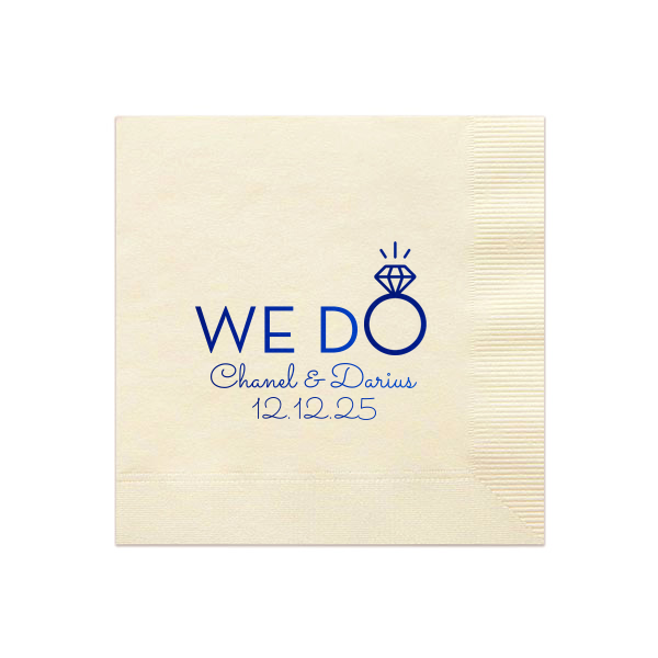 Our custom Ivory Cocktail Napkin with Shiny Royal Blue Foil has a Diamond Ring graphic and is good for use in Wedding, Bridal Shower themed parties and will give your party the personalized touch every host desires.