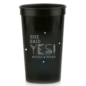 The ever-popular Gold 16 oz Stadium Cup with Matte White Ink has a Sparklesgraphic and is good for use in Wedding, Engagement and Bridal Shower themed parties and will impress guests like no other. Make this party unforgettable.