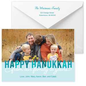 Celebrate Hanukah with a custom Hanukkah card. Featuring a bold graphic, you can personalize this holiday card with a photo of your family. 
