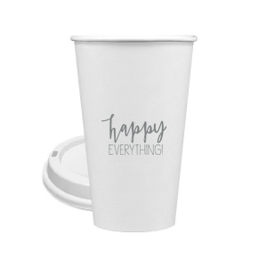 ForYourParty's personalized Matte Slate Gray Ink 12 oz Paper Coffee Cup with Lid has a Happy everything graphic and is good for use in Words, Holiday, Birthday themed parties and will look fabulous with your unique touch. Your guests will agree!