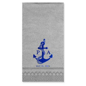 Anchors up for a good time! The Anchor Nautical Nuptial Napkin is a perfect addition to your next special party event. Featuring a foil stamped design of an anchor wrapped in rope above custom text, the design suites well for outdoor occasions and nautical themes.
