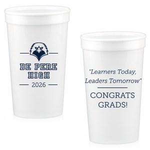 The ever-popular Gold 16 oz Stadium Cup with Matte Navy  Ink Colors has an Eagle Mascot graphic and is good for use in Animals, School and Graduation themed parties and will give your party the personalized touch every host desires.