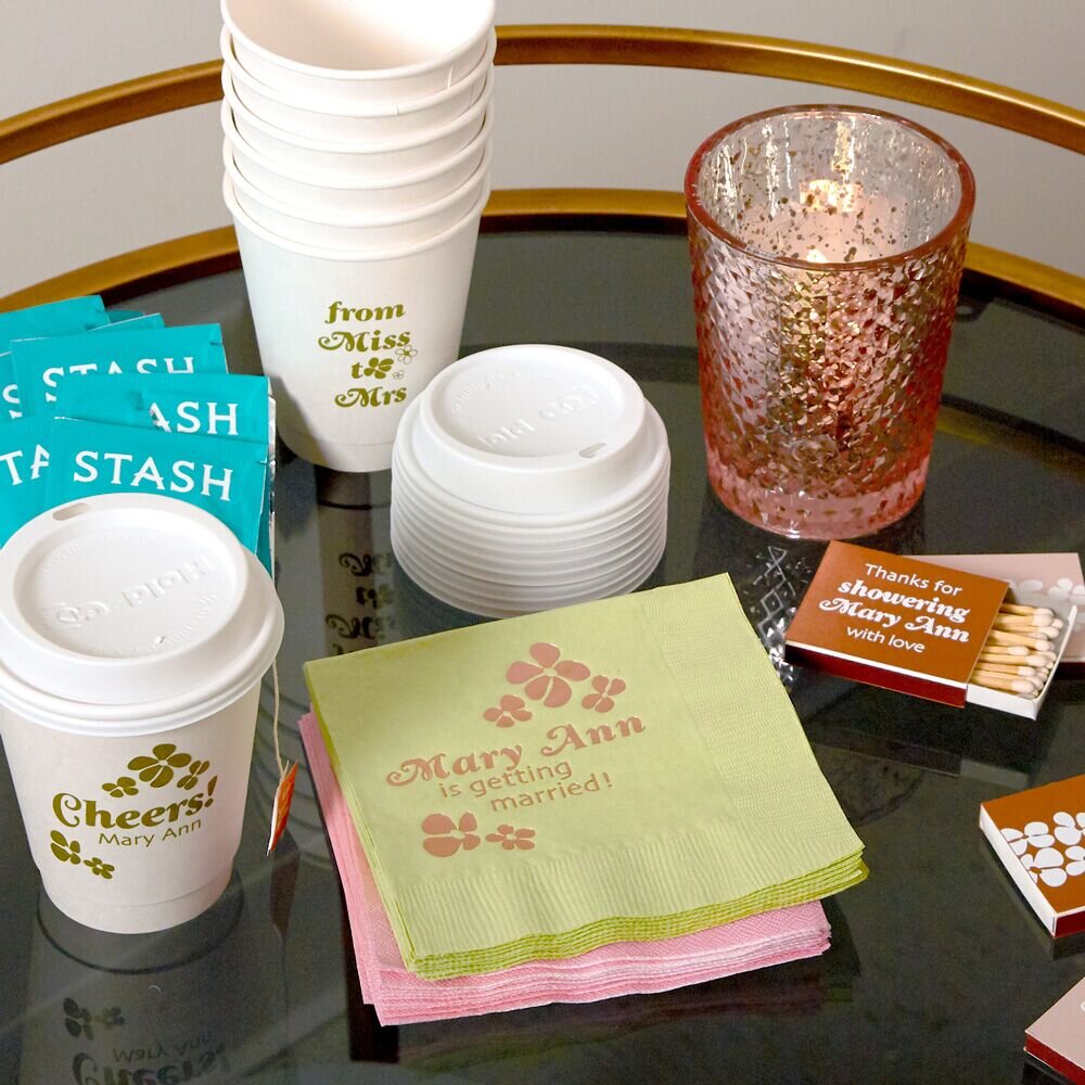 custom designed bridal shower accessories for '70s inspired theme