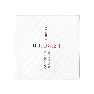Celebrate your union with the Central Date Flair Napkin, where the wedding date takes center stage, boldly inscribed between the ascending couple's names and location details. A striking layout for an unforgettable matrimonial event.