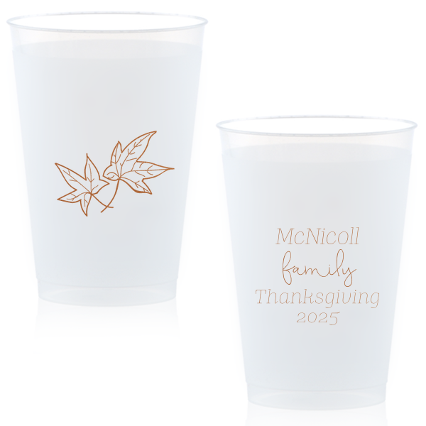 Elevate your autumn gatherings with the Thanksgiving Fall Leaves Cup! Two elegant fall leaves float gracefully, adding a touch of seasonal charm. Personalize the reverse side with four dynamic lines, each in playful fonts. Perfect for sipping and celebrating in style. Cheers to a well-scripted harvest!