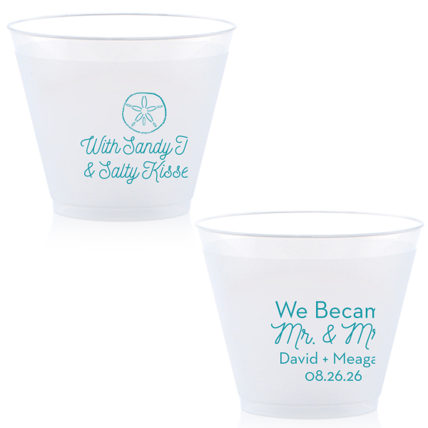 Bring your wedding party to the beach! With our Sand Dollar graphic, cute saying and script font, these blue napkins will. Customize with your names for festive wedding barware that can double as personalized party favors. 