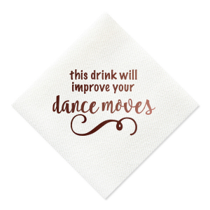 Liven up any dance floor with our Improve Your Dance Moves Napkin. Its whimsical design and playful, tongue-in-cheek inscription promise a boost to your guests' dancing spirit. Accompanied by a flowing scroll motif, it's perfect for parties, weddings, or any event where music and dance take center stage.