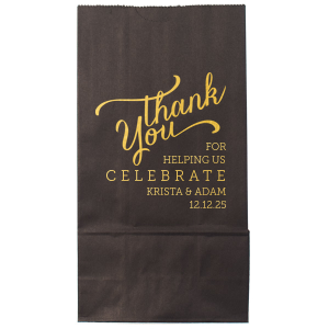 Express heartfelt gratitude with the Thank You For Bag adorned with a graceful, flourished 'Thank You' above the couple's details in a modern block script. Ideal for parting gifts, this bag embodies appreciation, making every farewell memorable.