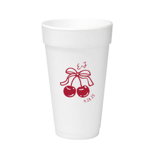 Raise a glass at your next special event with the Cherry Bow Initials Cup! The two cherries are tied together by a bow, reflecting the partnership of you and your sweetheart. Customize the text to make it extra special at your next momentous occasion, be it an engagement, wedding, anniversary or any other celebration of love.
