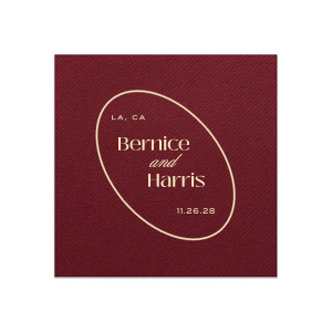 Create a sense of inclusion with the stylish Encircled Couple Names Napkin at your next special occasion. The stylish and functional napkin is perfect for weddings, engagements, home entertainment and so much more. Customize the product with your choice of text and colors to best represent your unique union! Featured in our Burgundy Wedding theme, match your special occasion with any number of stylish products to create a cohesive vision. 