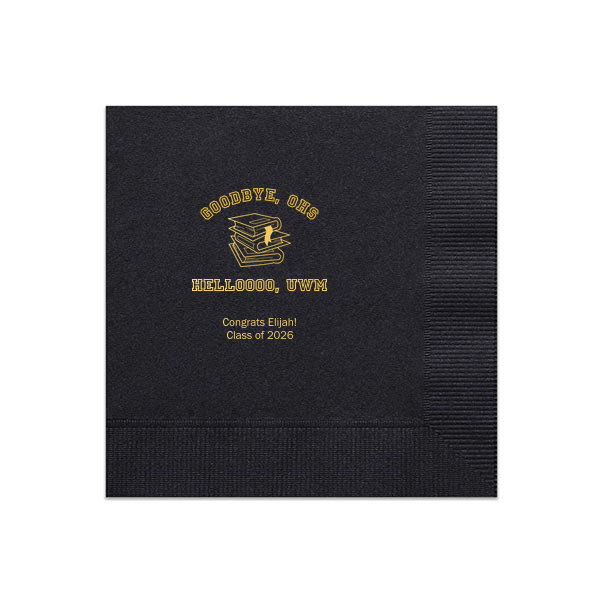 Our custom Royal Blue Cocktail Napkin with Matte Mimosa Yellow Foil Color has a Books Stacked graphic and is good for use in Graduation themed parties and can't be beat. Showcase your style in every detail of your party's theme!