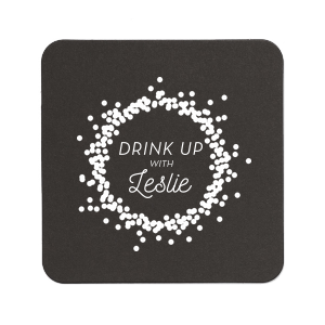 Raise your glass with our festive confetti Drink Up personalized coasters. Surrounded by a playful confetti dot frame, these foil-printed paper pulp coasters are perfect for birthdays, bachelor/bachelorette parties, or any milestone event. Add a name for a custom touch that invites guests to celebrate in style.
