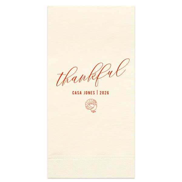 Custom Ivory Cocktail Napkin with Shiny Poppy Foil has a Live Turkey graphic and is good for use in Holiday, Thanksgiving themed parties and can be personalized to match your party's exact theme and tempo.