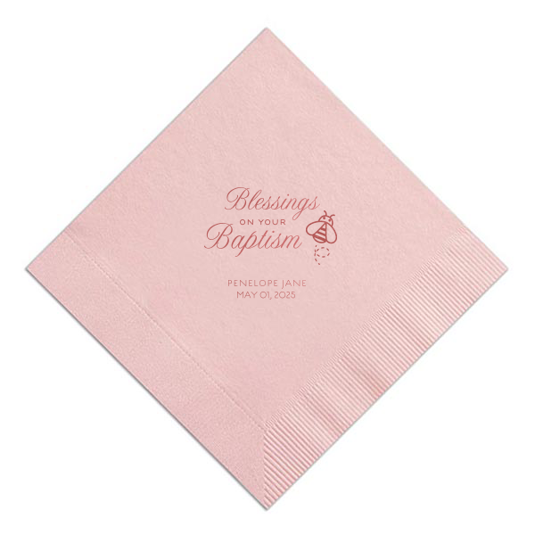 Heartfelt elegance shines through with the Blessings on Your Baptism Napkin. A whimsical bee flutters beside a beautifully scripted blessing, symbolizing the sweetness of God's love and wisdom. Perfect for celebrating this cherished moment with grace and charm.