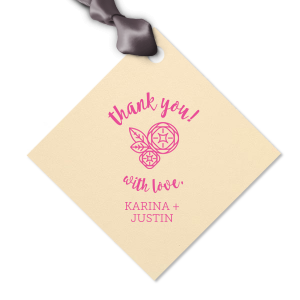 Thank guests for attending your wedding with a small favor tied with a themed gift tag. Personalize our Peony design with your names and date. Keep our Mint paper and Plum foil or choose your own theme colors. 