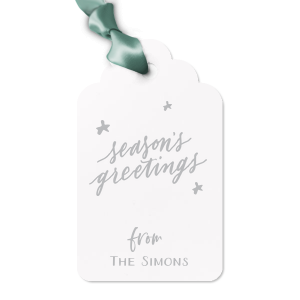 Personalized Natural Frost White Luggage Gift Tag with Shiny Rose Quartz Foil has a Season's Greetings graphic and is good for use in Words, Holiday, Christmas themed parties and will give your party the personalized touch every host desires.