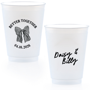 Celebrate the perfect pairing with the Better Together Bow Wedding Cup, featuring the couple's names in a romantic script and the wedding date, complemented by "Better Together" alongside a charming bow illustration. A sweet toast to unity and love on your big day.
