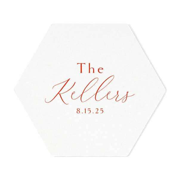 Our custom Blush w/ Kraft back Hexagon Coaster with Shiny Poppy Foil are a must-have for your next event—whatever the celebration!