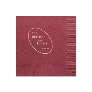 Create a sense of inclusion with the stylish Encircled Couple Names Napkin at your next special occasion. The stylish and functional napkin is perfect for weddings, engagements, home entertainment and so much more. Customize the product with your choice of text and colors to best represent your unique union! Featured in our Burgundy Wedding theme, match your special occasion with any number of stylish products to create a cohesive vision. 
