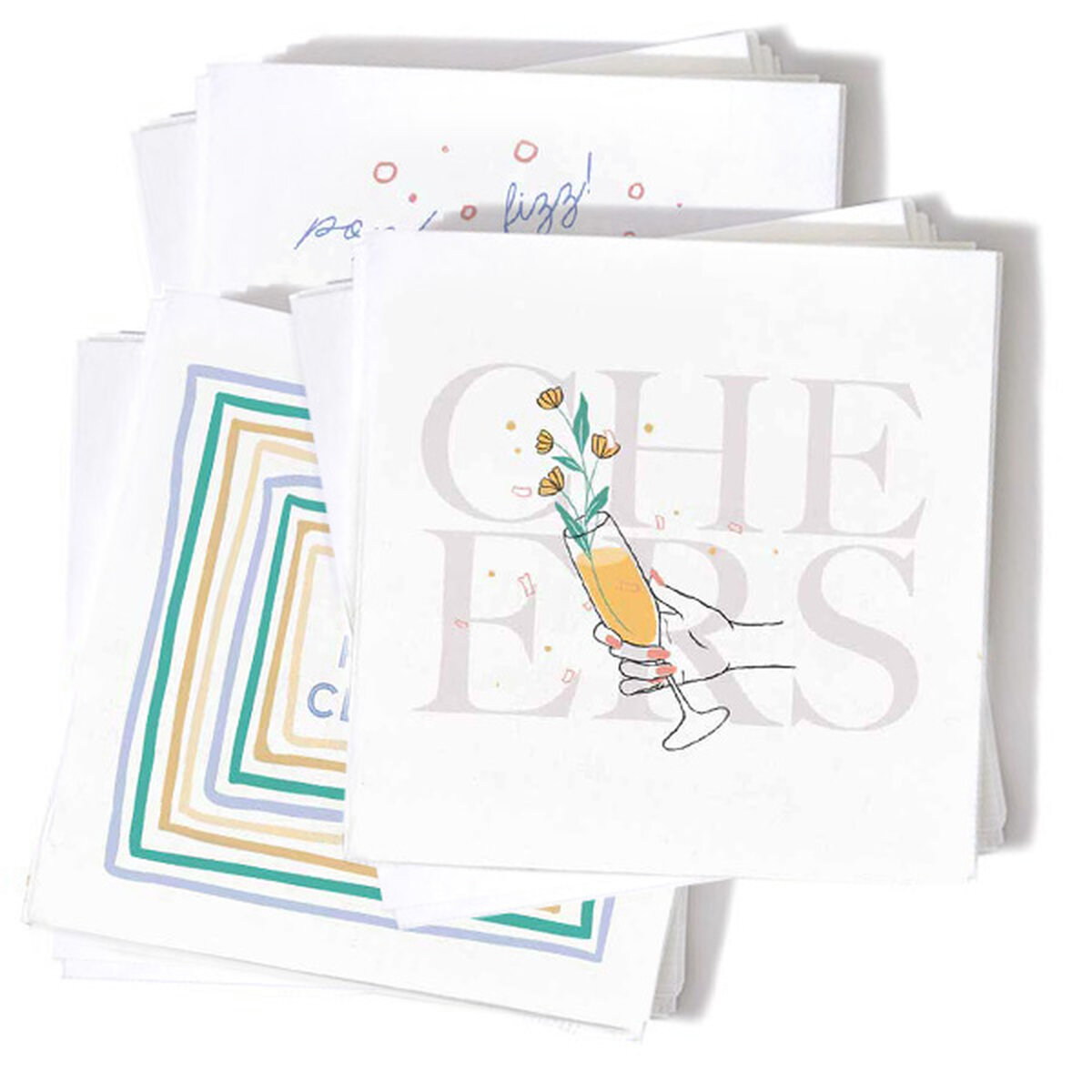 Full Color Happy Hour Pop Fizz Clink Design on white cocktail napkin for party ready pack