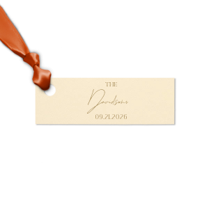 Add a personalized touch to your wedding favors with the Boho Terracotta Wedding Date Gift Tag. This tag begins with "The" in a stately serif font, followed by the newlyweds' surname in a graceful script. Finalize this bespoke detail with the date of your special day, all in the same classic font, capturing the essence of your chic and moody fall celebration.