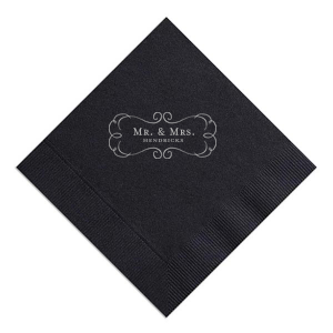 Our custom Soft Black Shimmer Cocktail Napkin with Satin Sterling Silver Foil has a Ornate Frame graphic and is good for use in Elegant themed parties and can't be beat. Showcase your style in every detail of your party's theme!