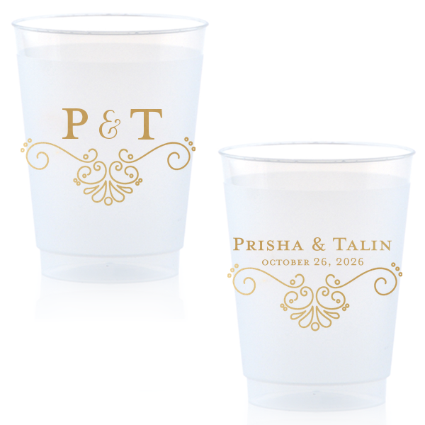 Sip in style with the Elegant Flourish Wedding Cup, where modern meets vintage in a curvy French flourish. Initials entwine with a swirly ampersand, while names and date sit elegantly above the same sophisticated swirl, toasting to timeless romance.