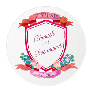 Our custom White Custom Photo Round Coaster with Matte Plum Ink Digital Print Colors and a Lush Ribbon and Floral Crest can be customized to complement every last detail of your party.