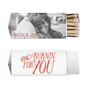 ForYourParty's chic White Classic Custom Photo Matchbox with Matte Blush Ink Digital Print Colors and Matte Poppy Ink Digital Print Colors has a Burning For You graphic and a Burning For You graphic and is good for use in Words, Calligraphy, Wedding themed parties and will make your guests swoon. Personalize your party's theme today.
