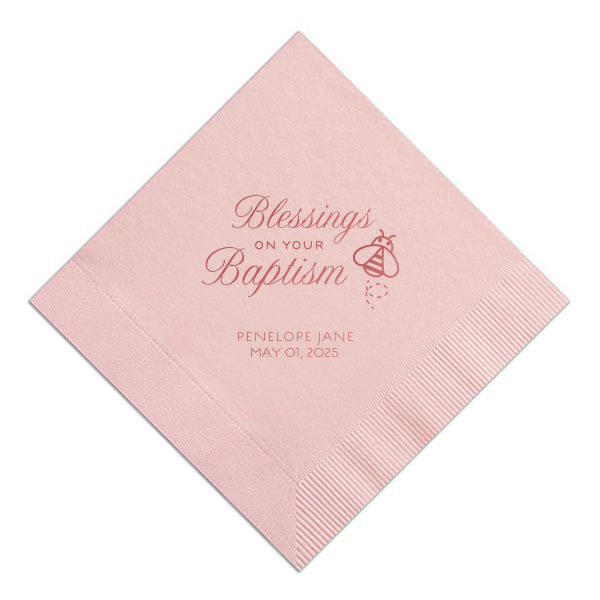 Heartfelt elegance shines through with the Blessings on Your Baptism Napkin. A whimsical bee flutters beside a beautifully scripted blessing, symbolizing the sweetness of God's love and wisdom. Perfect for celebrating this cherished moment with grace and charm.